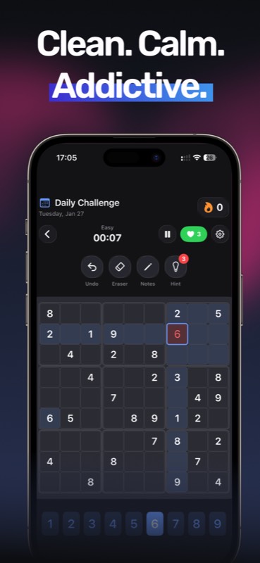 Clean gameplay interface with undo, eraser, notes, and hint tools