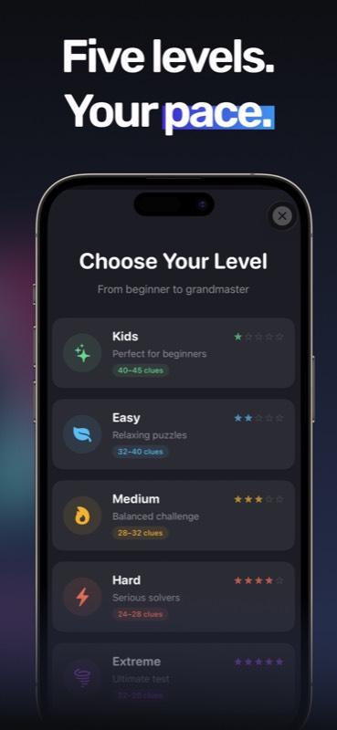 Choose your difficulty level - Kids, Easy, Medium, Hard, or Extreme