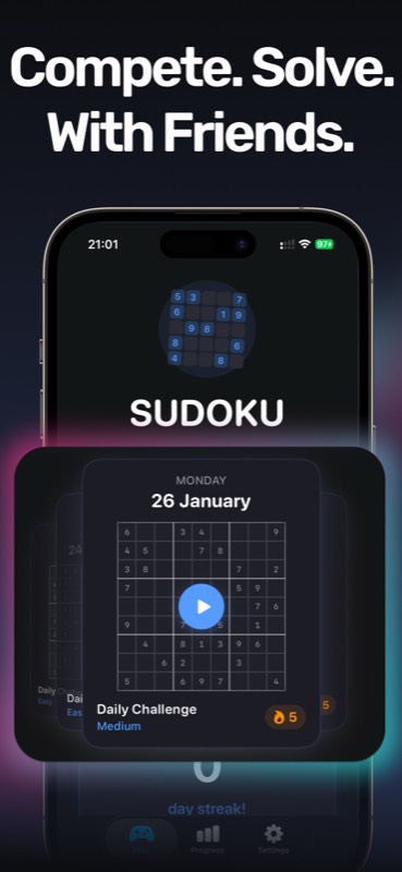 Home screen with daily challenge and multiplayer features